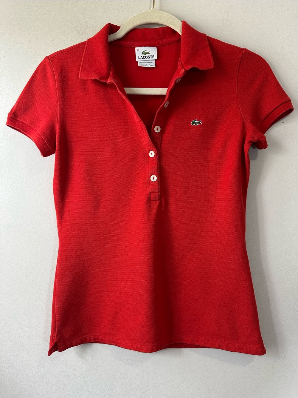 Lacoste Red Slim Fit Polo Shirt Short Sleeve Women's Button Up Sz 34 S Crocodile